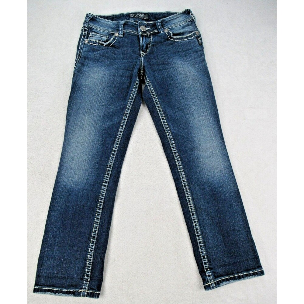 Silver Womens 26 Suki Capri Dark Faded Wash Blue Jeans Thick Stitching 5-Pocket